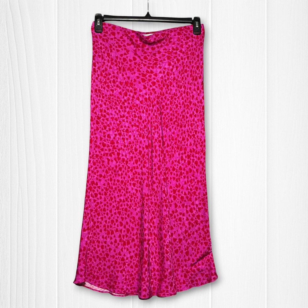 LOFT Heart Print‎ Elastic Waist Midi Skirt Womens Medium Petite Pink